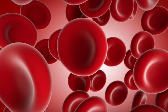 Zoomed-in view of blood cells, illustrating platelet count and the genetic factors influencing platelet count production and regulation