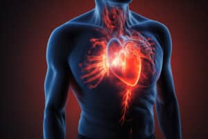 A detailed visual illustration of the human heart focusing on the aortic valve, showing the narrowing associated with aortic stenosis.
