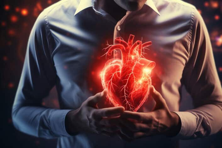 A highlighted image of the heart showing aortic valve calcification, focusing on calcium buildup in the aortic valve area.