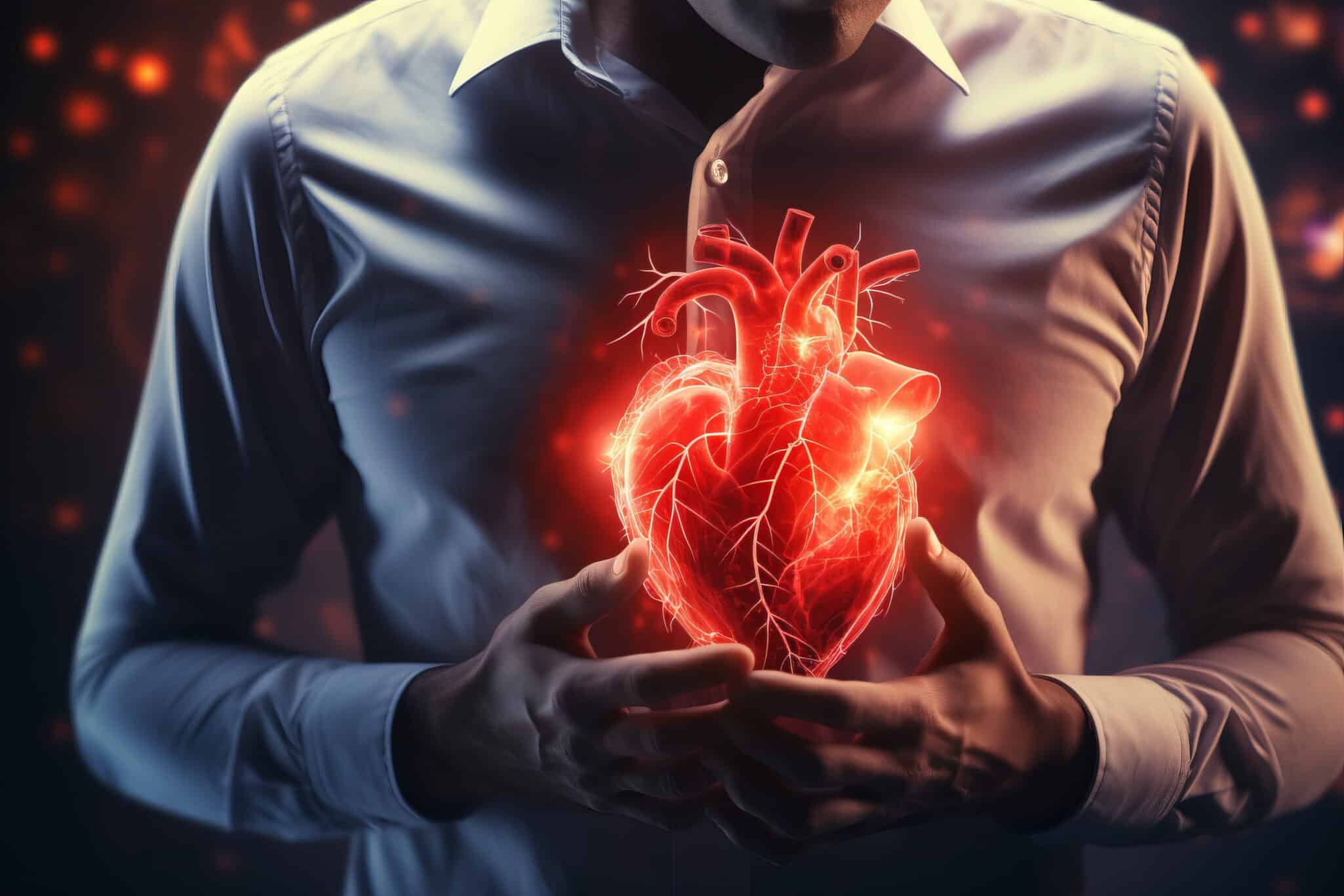 A highlighted image of the heart showing aortic valve calcification, focusing on calcium buildup in the aortic valve area.