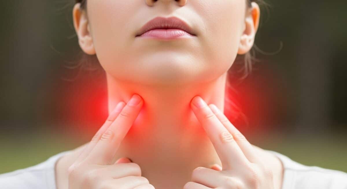 Woman with a red-highlighted neck, symbolizing thyroid inflammation — a key feature of Graves’ disease, which has known genetic links.