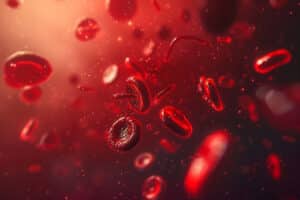 Close-up microscopic image of blood platelets and red blood cells, illustrating the cellular components involved in sickle cell anemia.