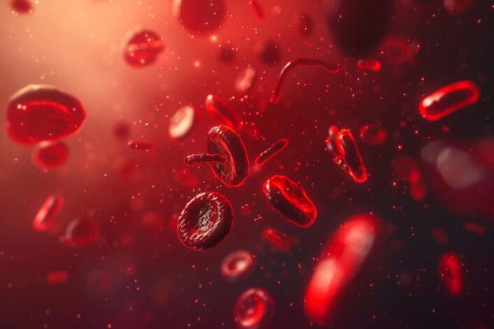 Close-up microscopic image of blood platelets and red blood cells, illustrating the cellular components involved in sickle cell anemia.