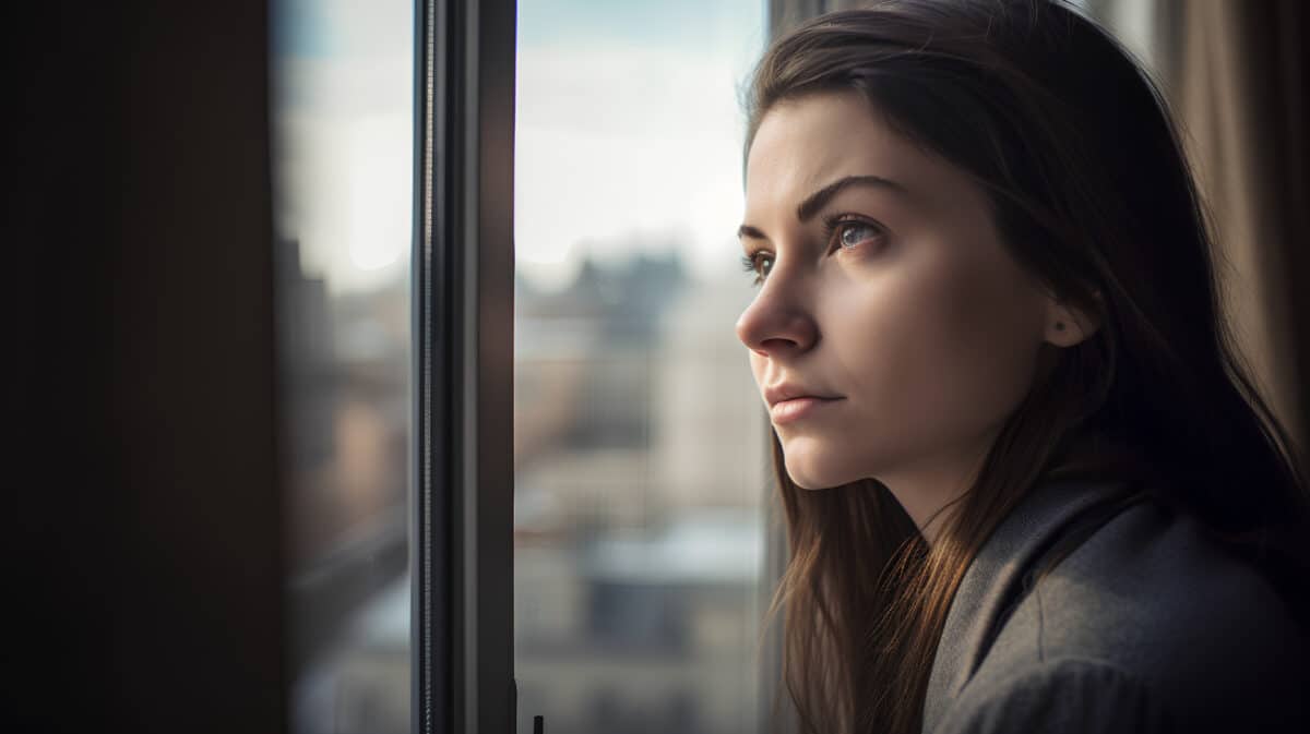 A woman standing by a window, looking outside thoughtfully—capturing the emotional and reflective experience of living with a chronic autoimmune disease like Sjögren’s syndrome.