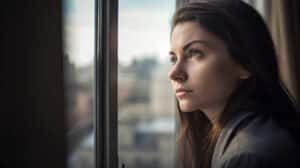 A woman standing by a window, looking outside thoughtfully—capturing the emotional and reflective experience of living with a chronic autoimmune disease like Sjögren’s syndrome.