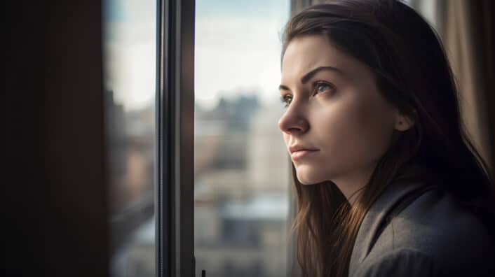 A woman standing by a window, looking outside thoughtfully—capturing the emotional and reflective experience of living with a chronic autoimmune disease like Sjögren’s syndrome.