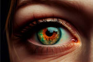 Close-up human eye representing color blindness and vision differences.