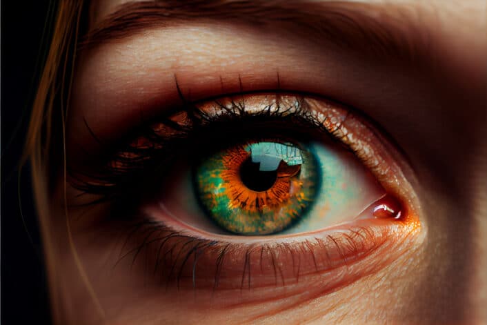 Close-up human eye representing color blindness and vision differences.