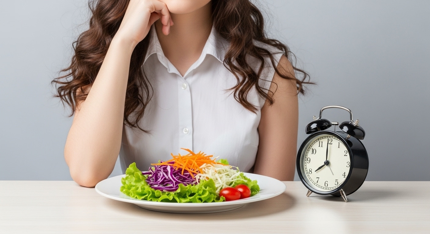 Plate of vegetables with a clock beside it and a woman, symbolizing fasting and genetics