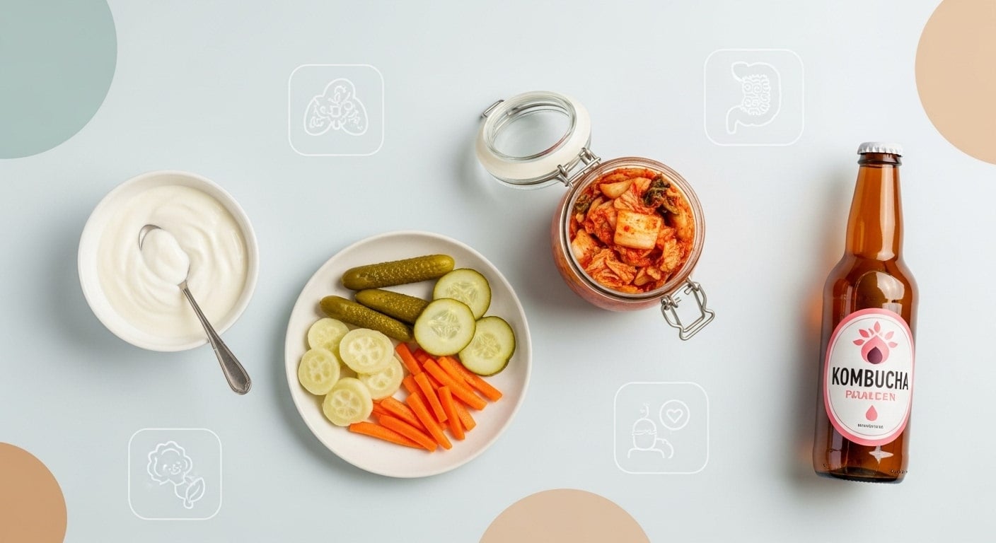Probiotic-rich foods arranged on a table, representing the link between genetics and probiotic response.