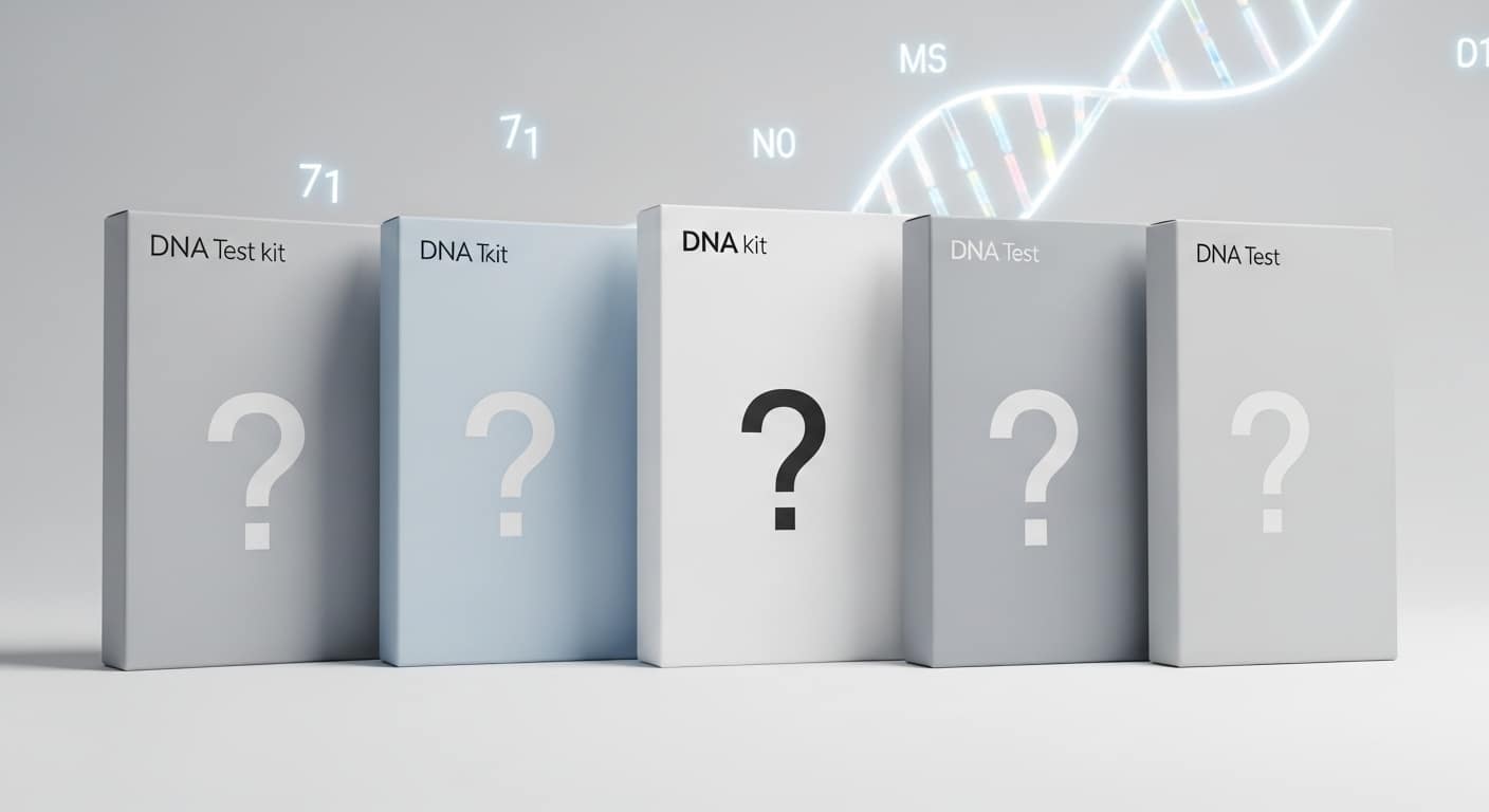 DNA testing kits with question marks symbolizing the best companies for methylation genetic testing in 2025