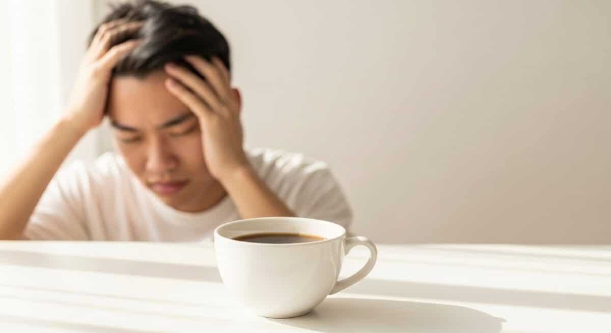 Coffee cup in front with a man in the background holding his head from caffeine withdrawal headaches.
