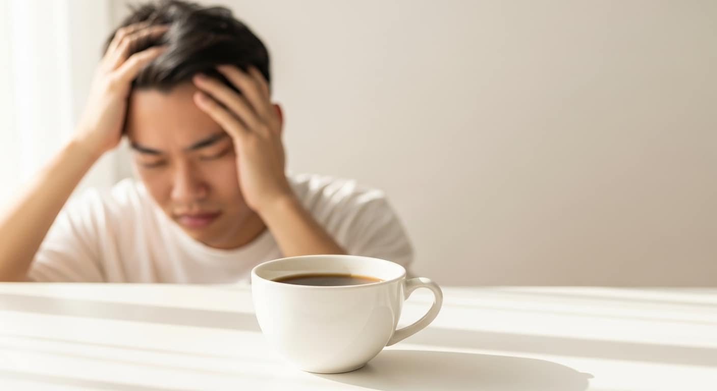 Coffee cup in front with a man in the background holding his head from caffeine withdrawal headaches.